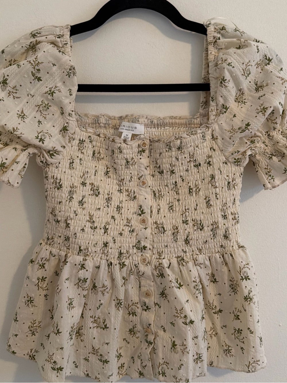 Smocked Cream Floral Peplum Blouse with Puff Sleeves